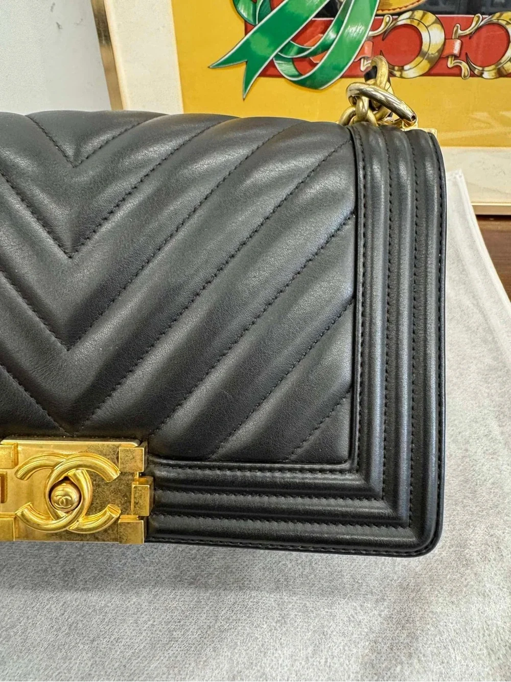 CHANEL Black Chevron Lambskin LeBoy Shoulder Bag with Gold Hardware